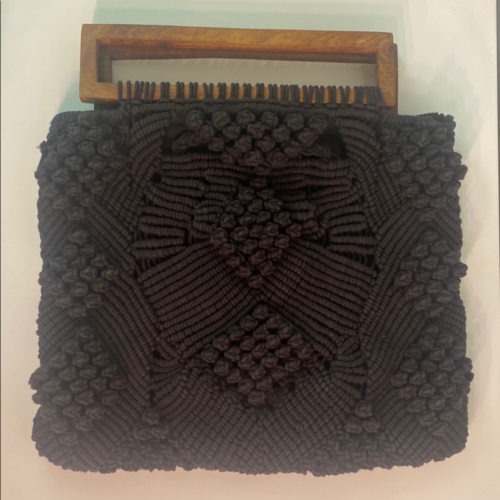 Cleobella Black Macrame Bag with Wooden Handle
